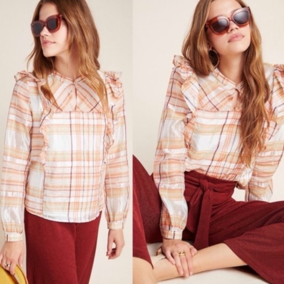 NWOT Anthropologie Polly Ruffled Peasant Blouse Plaid Top Medium - Picture 3 of 16